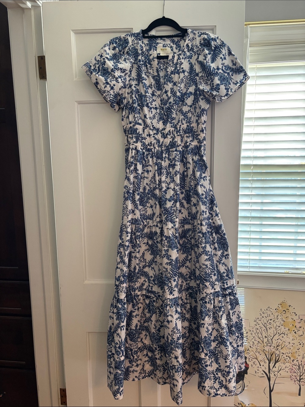 Maeve Blue and White Floral Midi Dress